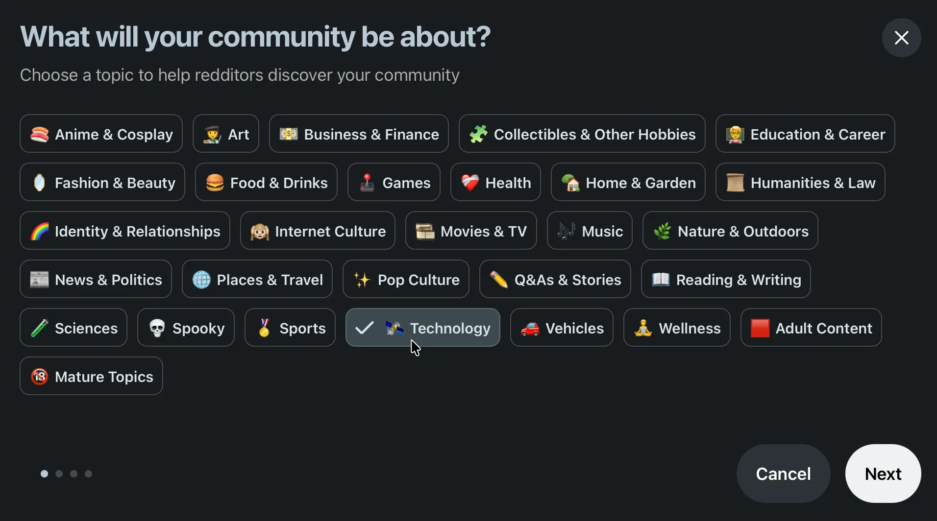 Reddit's community creation dialog asking what your community will be about, with topic chips such as Technology, Games and Business and Finance