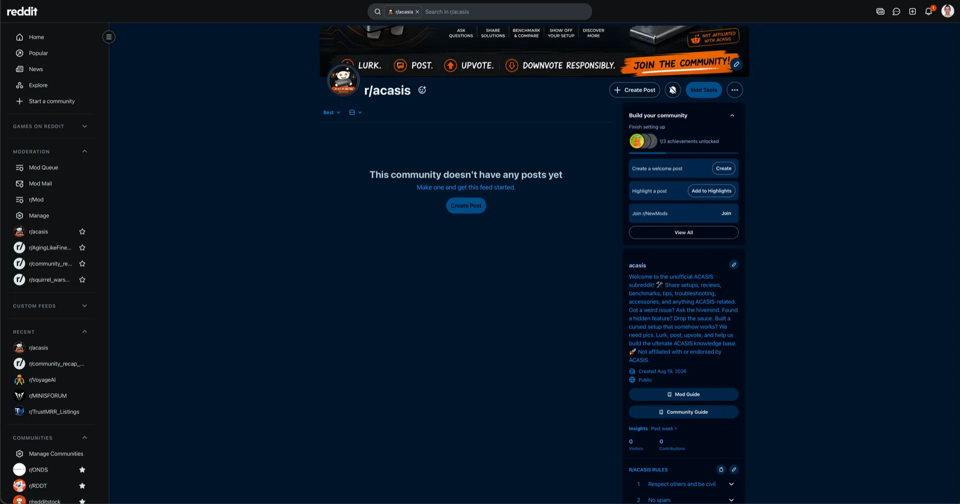 A newly created subreddit with the banner and icon in place and the message This community doesn't have any posts yet