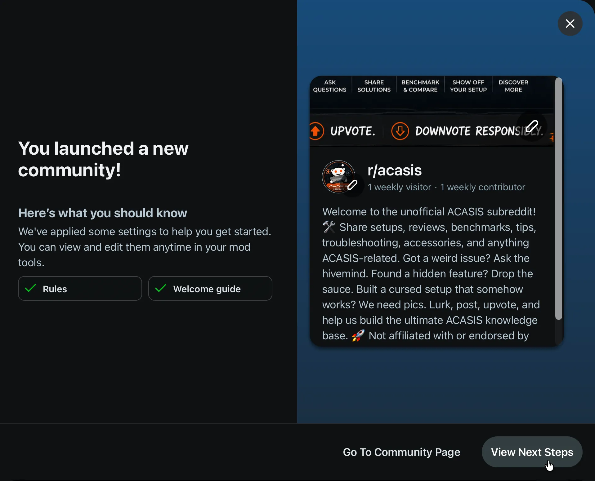 Reddit's You launched a new community confirmation, showing the finished icon and banner and confirming Rules and Welcome guide were applied