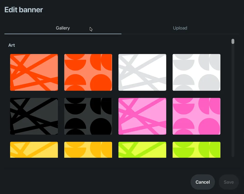 Reddit's Edit banner dialog on the Gallery tab showing stock pattern banners