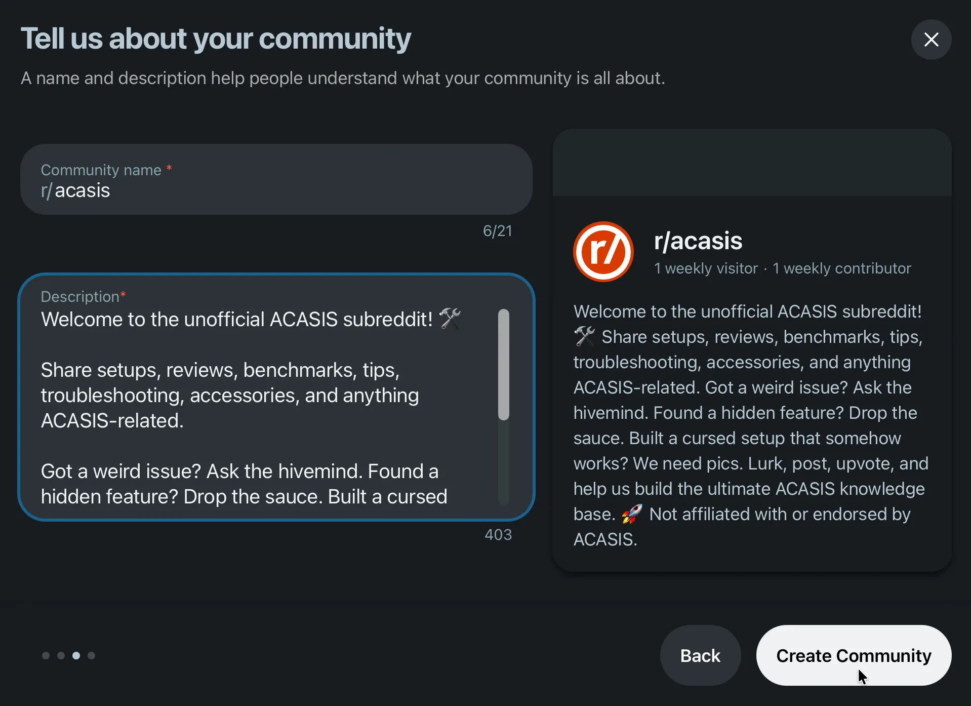 The description field filled with a welcome message, and the preview card showing the full text
