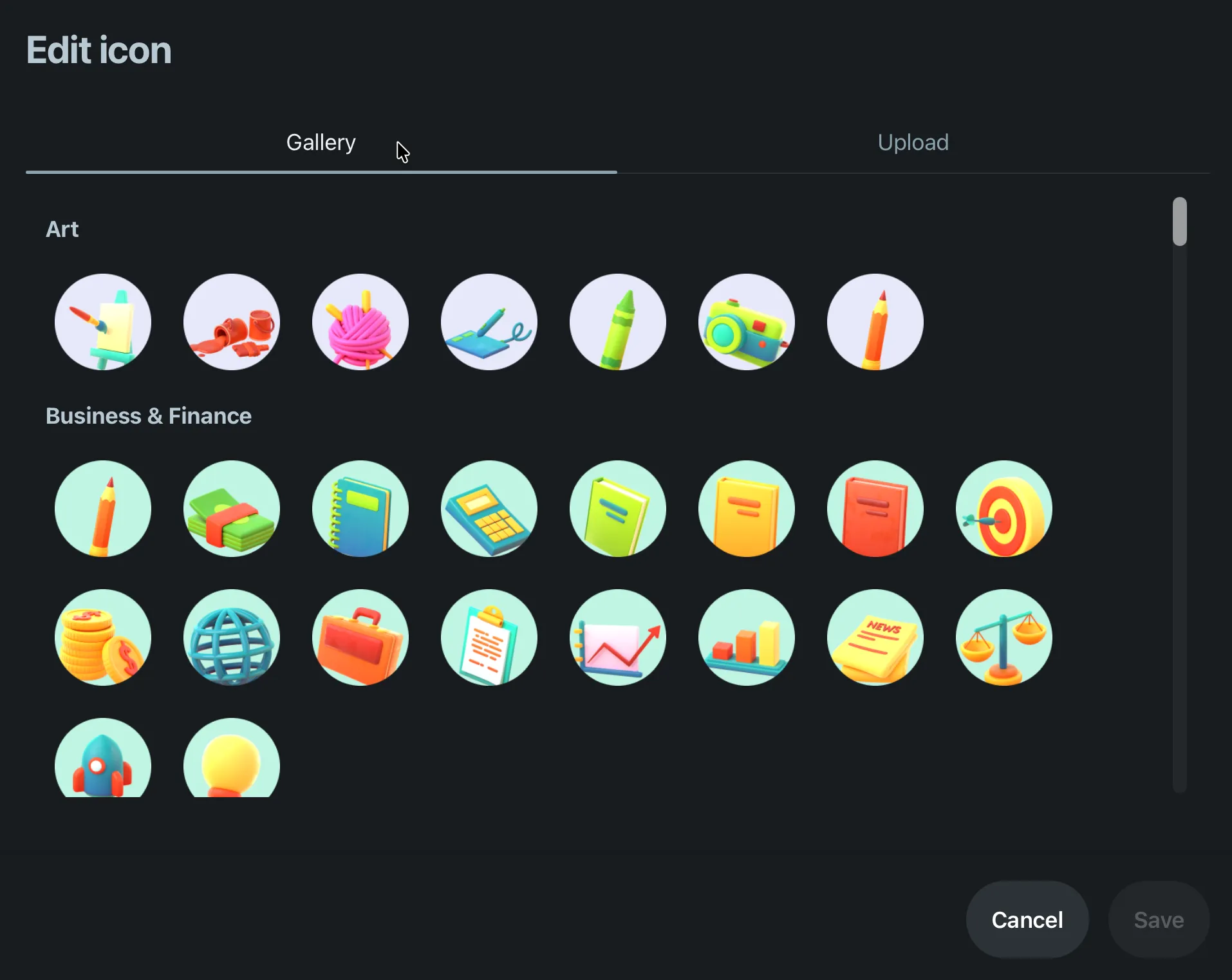 Reddit's Edit icon dialog on the Gallery tab, showing stock 3D icons grouped by category