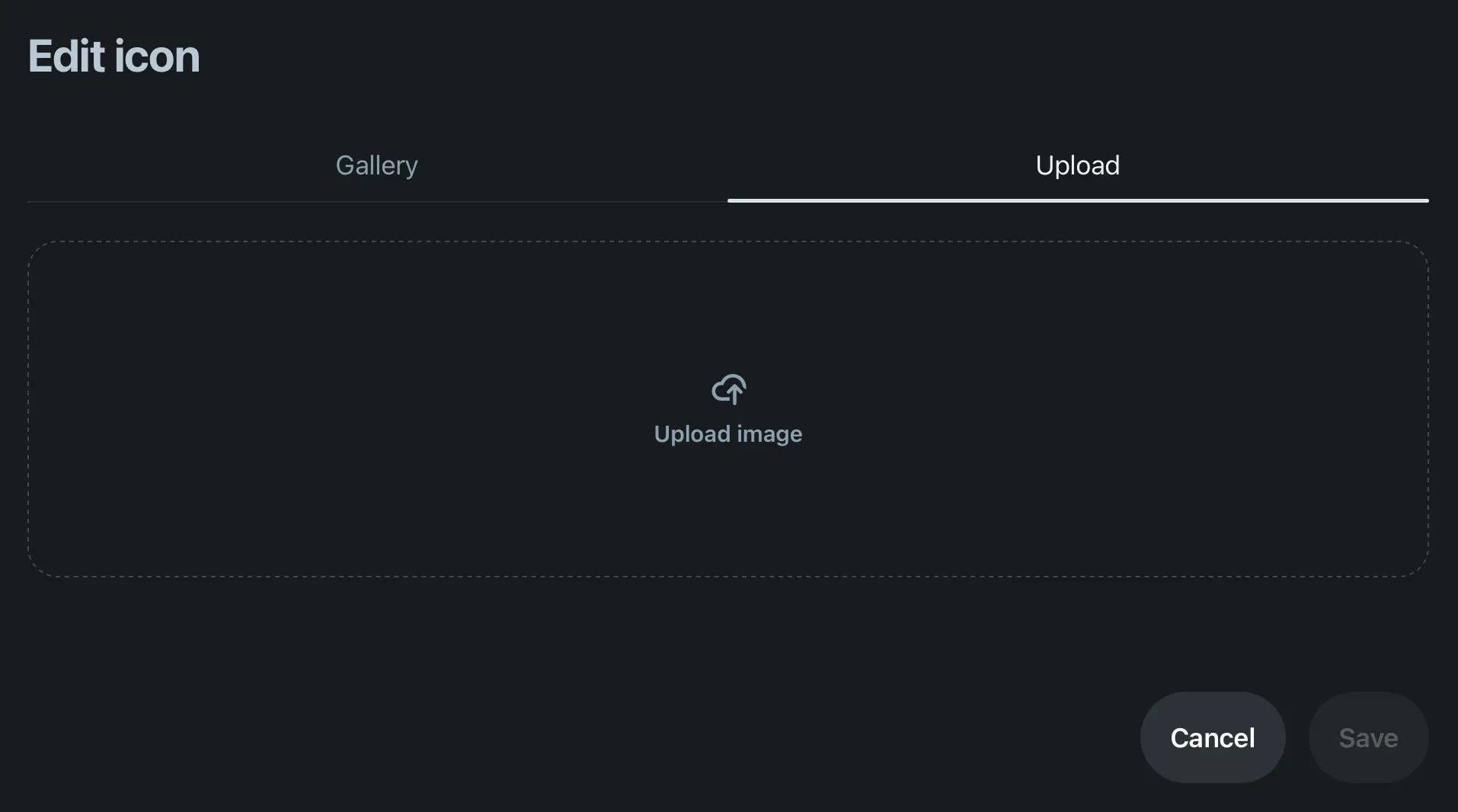 The Edit icon dialog on the Upload tab with an empty upload image drop zone