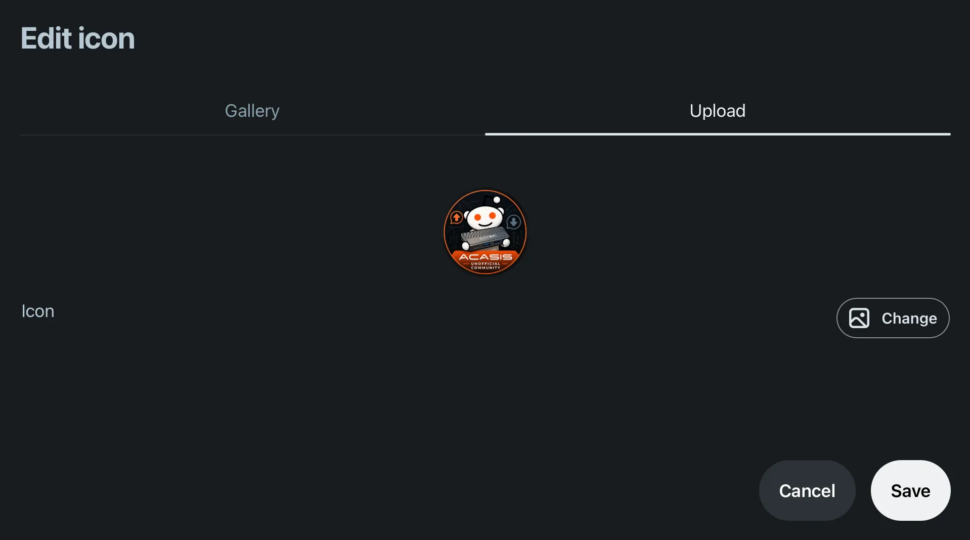 The Edit icon dialog showing an uploaded community logo with a Change button and Save