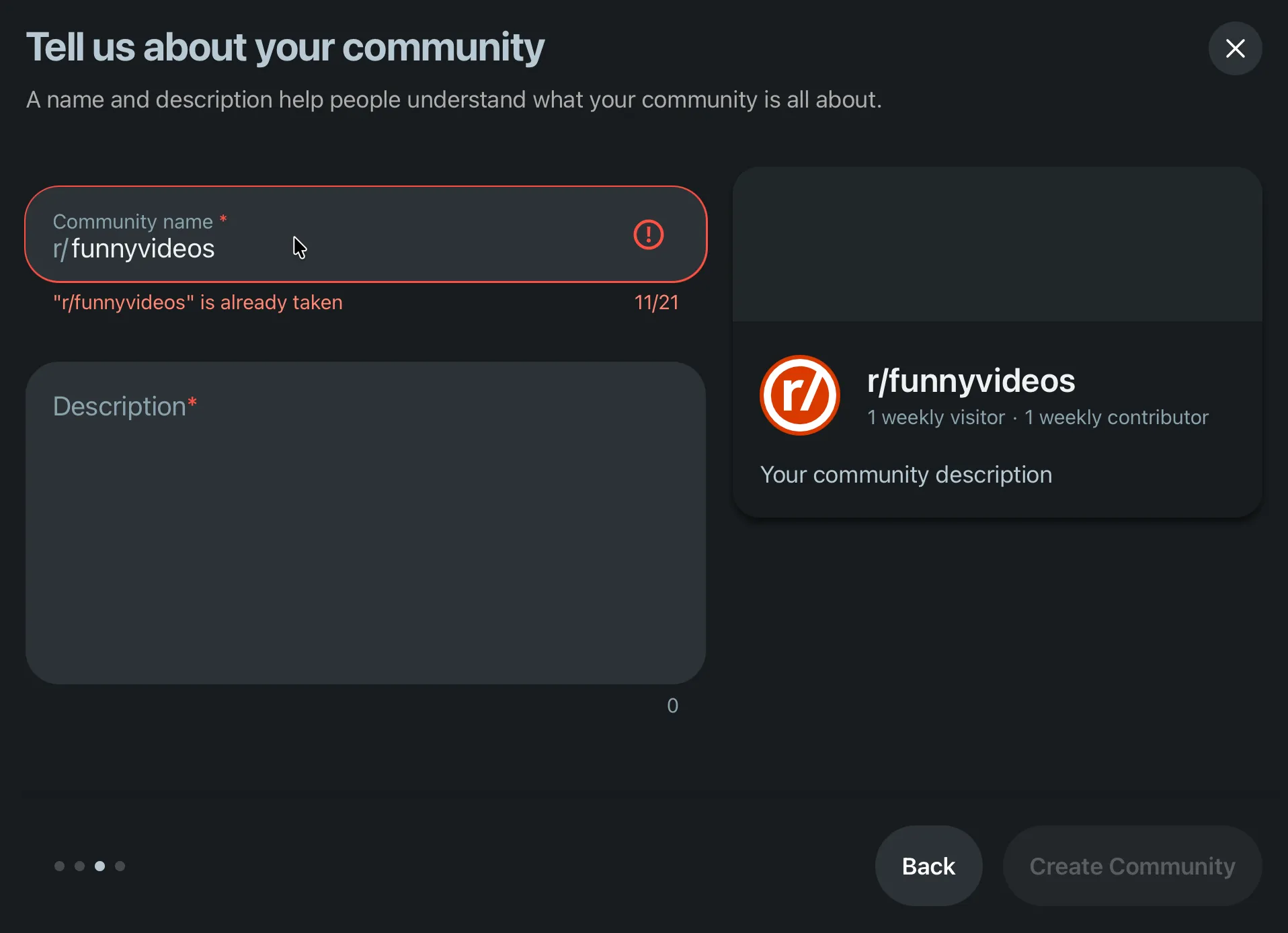 The community name field showing the error r/funnyvideos is already taken