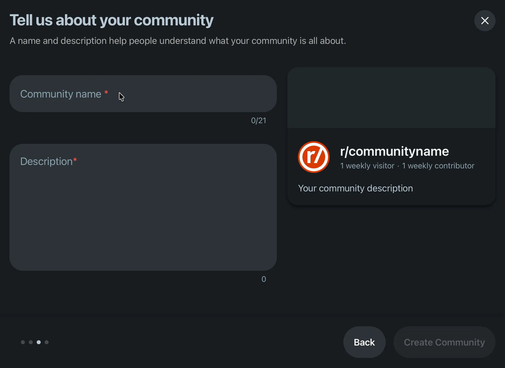 The Tell us about your community screen with empty Community name and Description fields and a live preview card on the right